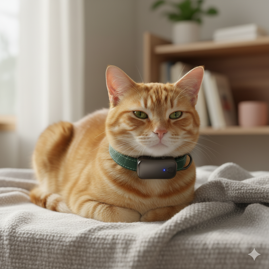Cat wearing the Safetrack Roam collar in a bedroom.