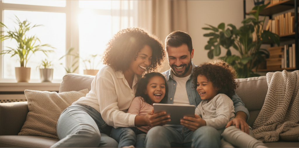Family of four sitting on a couch in a cozy living room, using a tablet together.