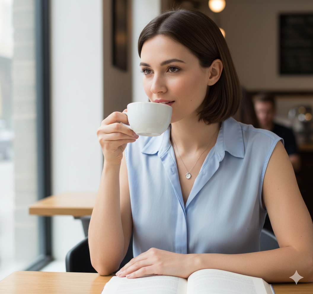 Woman wearing Safetrack Aura Necklace drinking from a white cup in a cafe setting