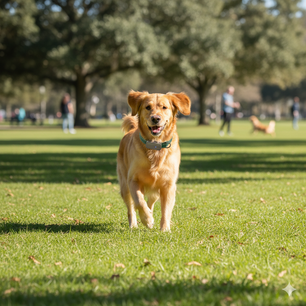 Dog running on a grassy field wearing Safetrack Roam Collar.