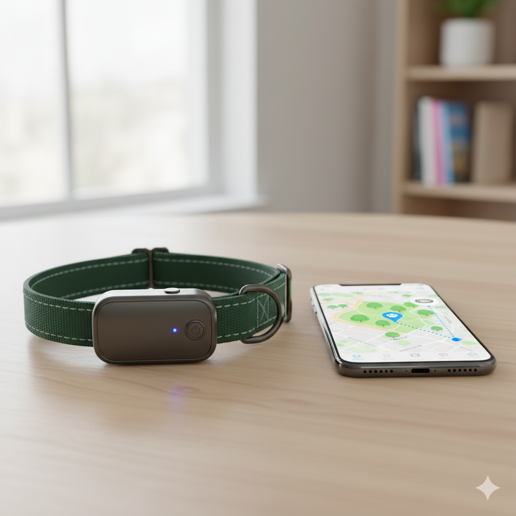 Green Safetrack roam collar next to a smartphone showing tracking map.