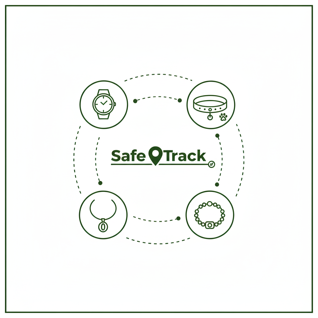 Diagram of SafeTrack products including a watch, collar, Necklace, and bracelet on a white background.