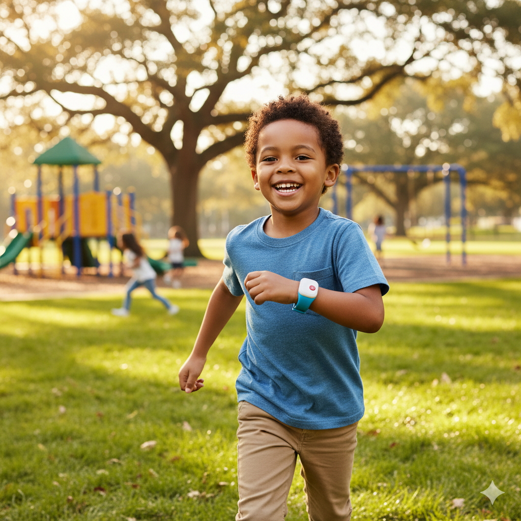 Child in a blue shirt running in the park wearing Safetrack mini bracelet