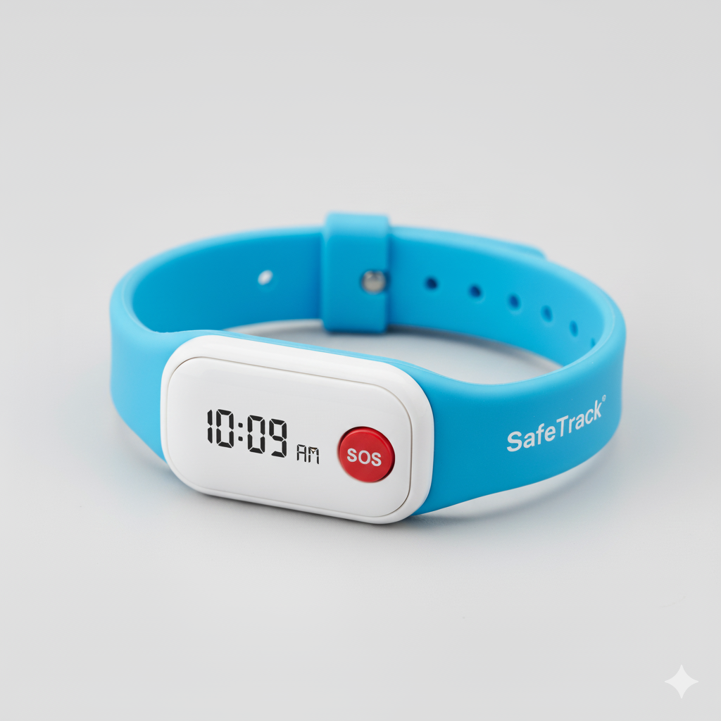 Blue and white safetrack mini bracelet on a white background