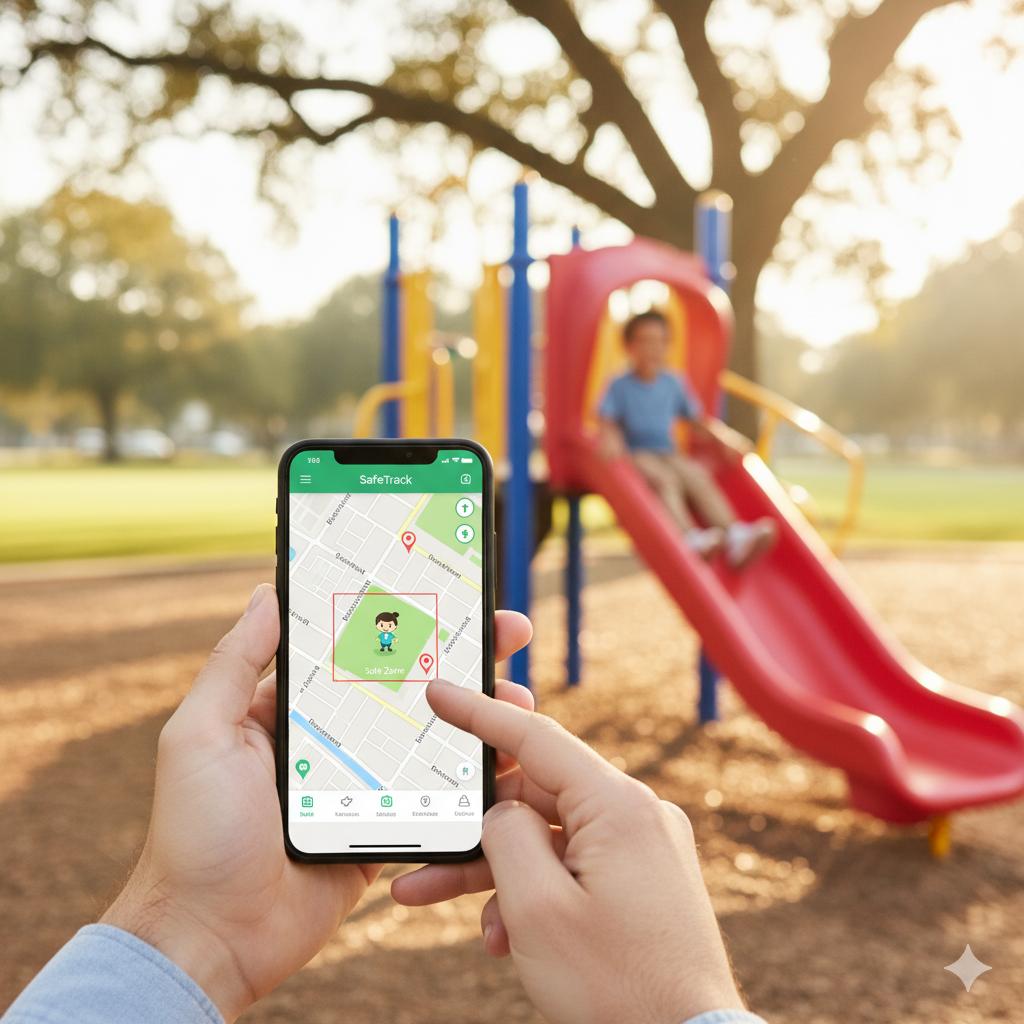 Smartphone showing tracking app with child playing in the background