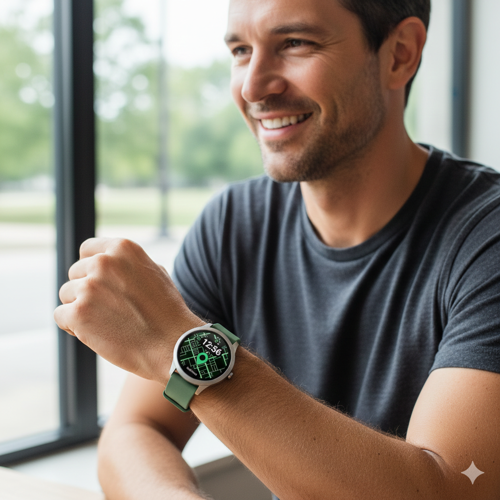 A man wearing the Safetrack pulse watch and smiling, sitting by a window.