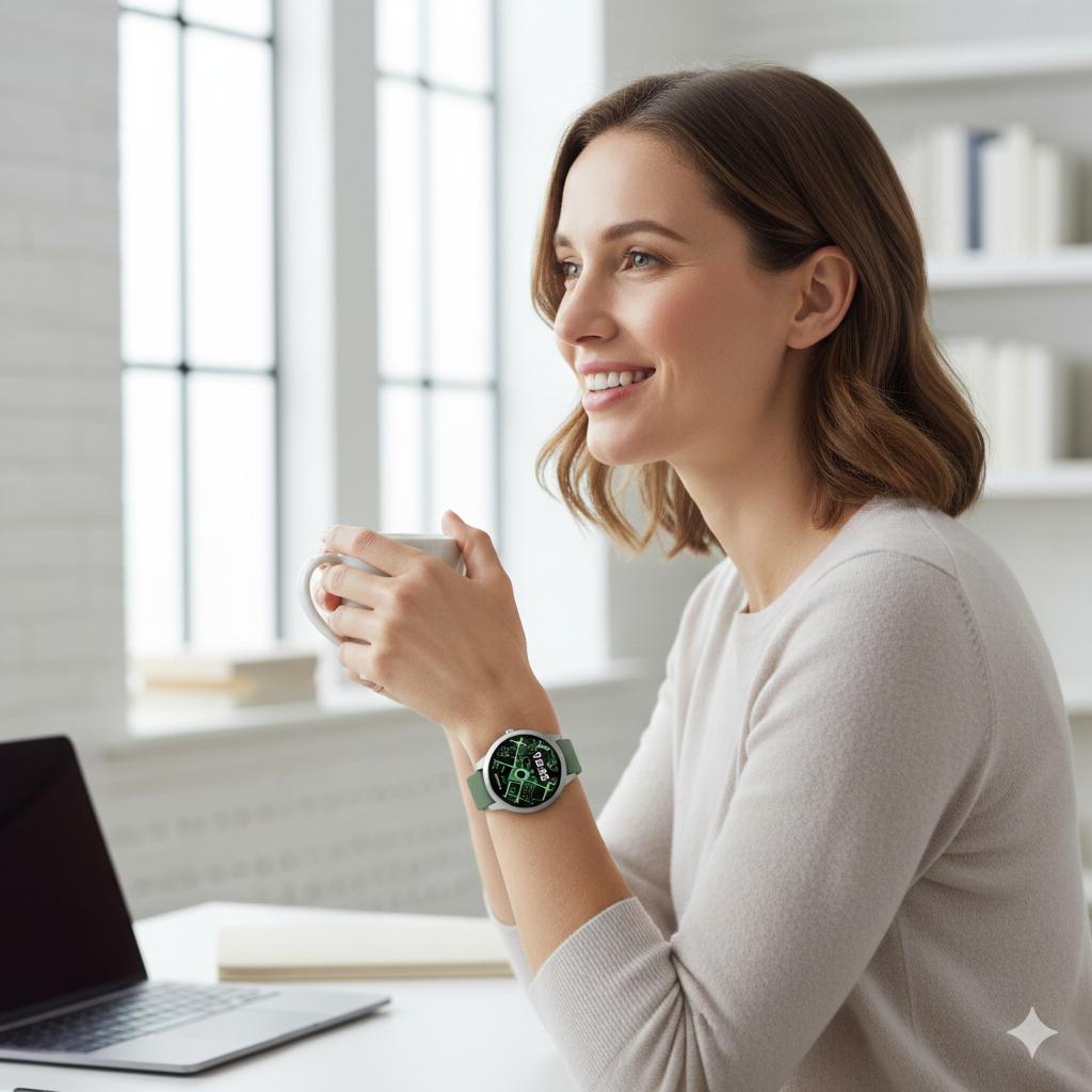 A woman holding a mug and wearing the Safetrack Pulse watch in a bright room with a laptop.