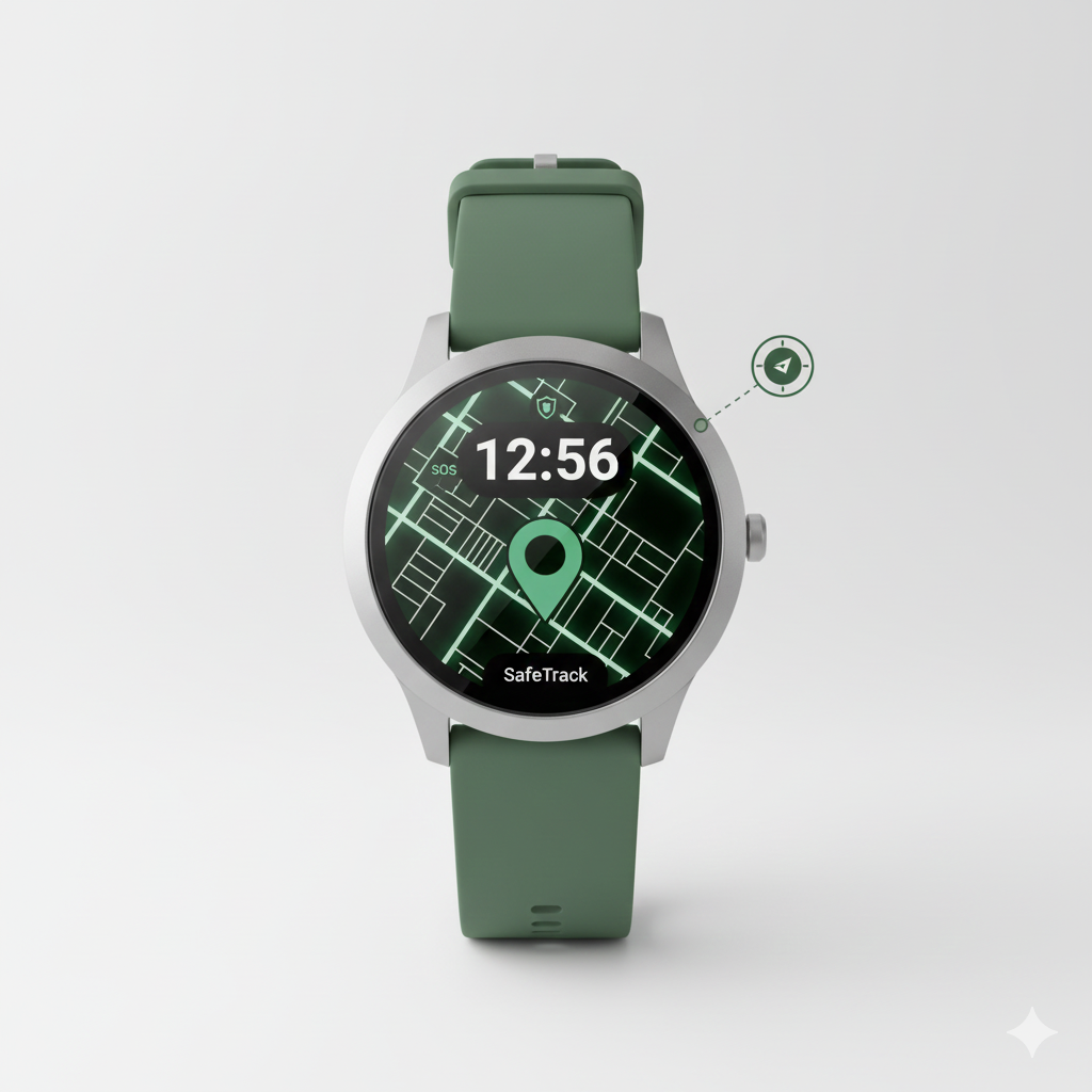 Safetrack Pulse watch with green strap displaying the time and tracking info on a white background