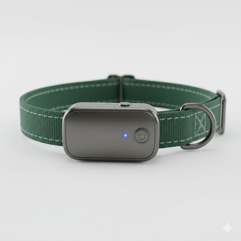 Green Safetrack collar with a gray gps device including a power button