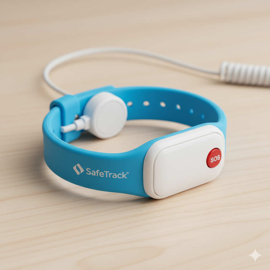 Blue and white safetrack mini bracelet connected to charging wire