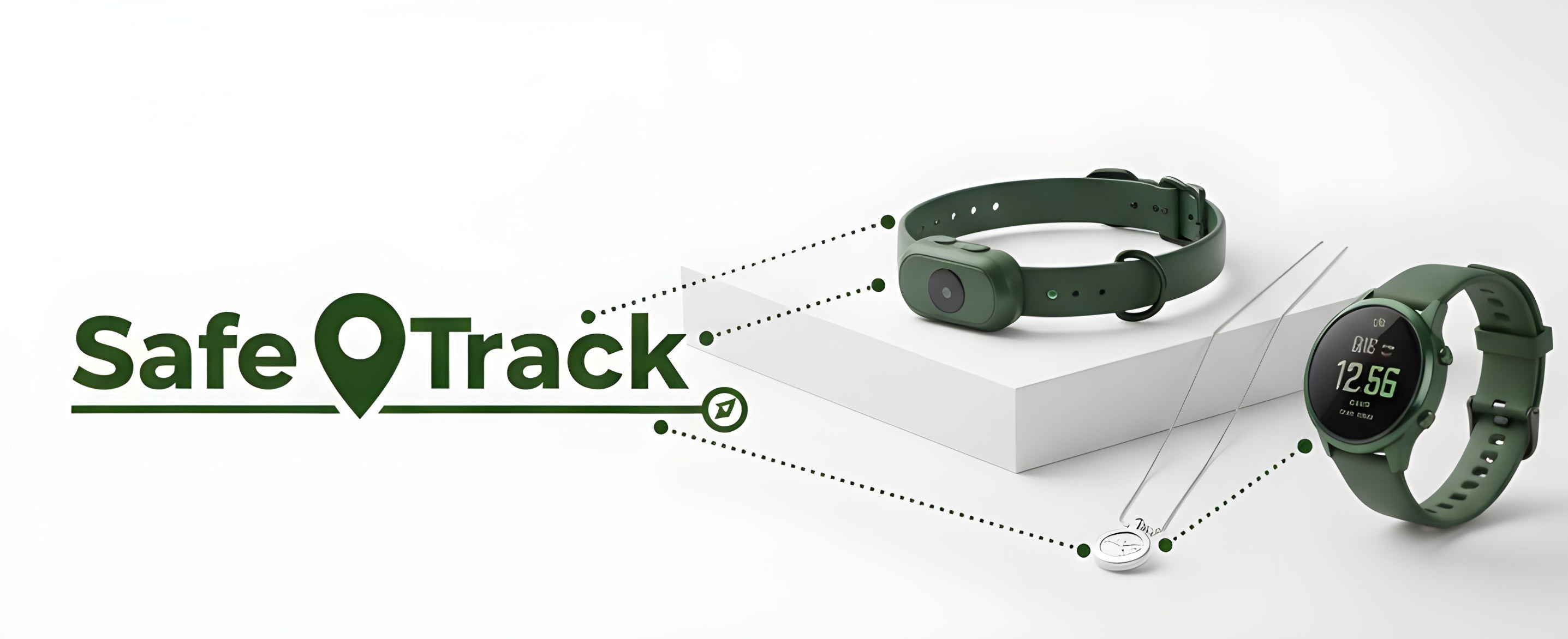 SafeTrack family safety ecosystem with a watch and collar on a white background