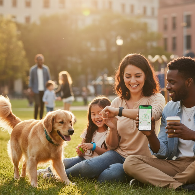Family with a dog sitting on grass in a park, using a the safeTrack app all wearing Safetrack devices.